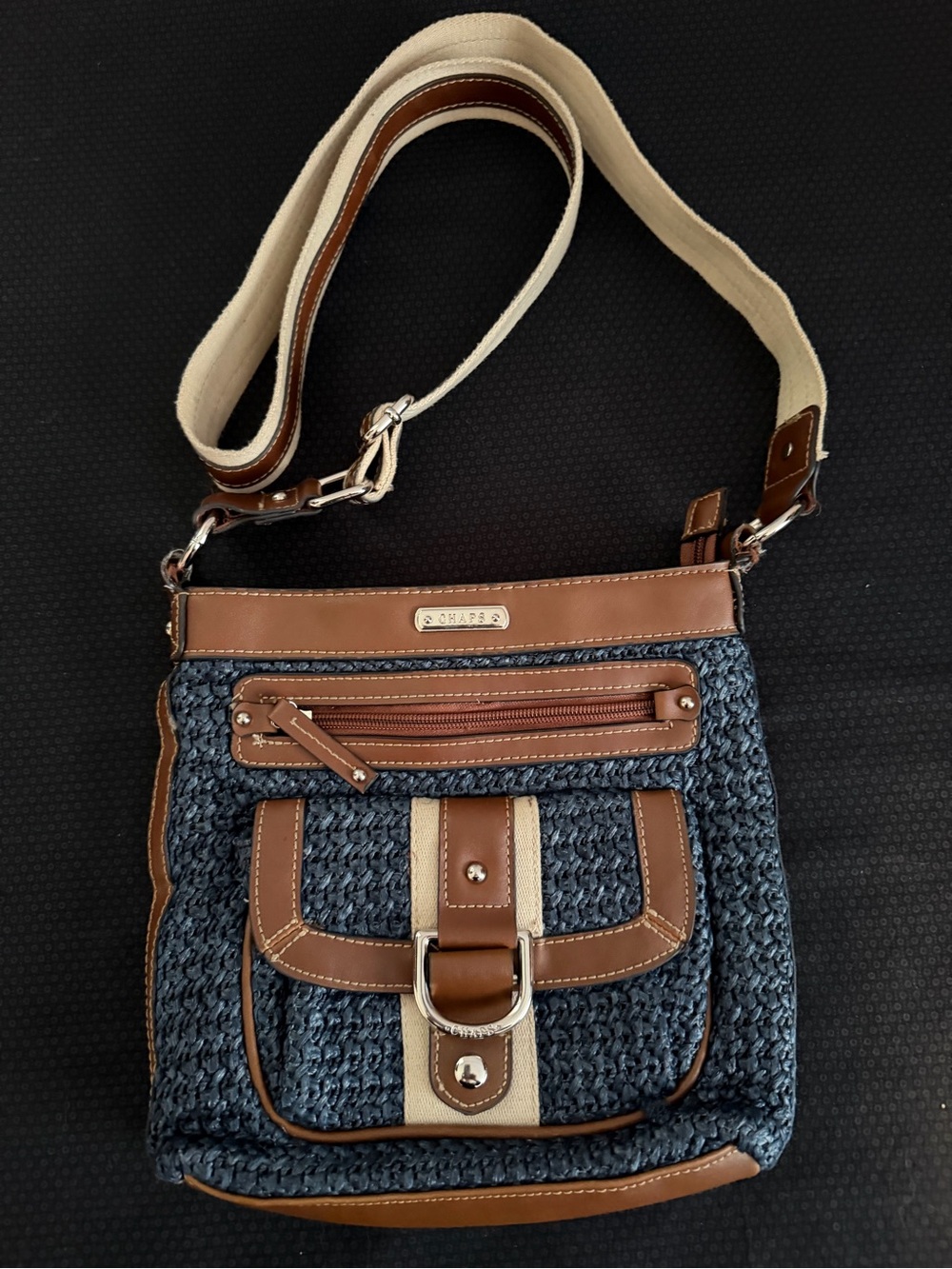 Chaps Navy Woven Crossbody with Brown Trim and Cream Canvas Strap Accents